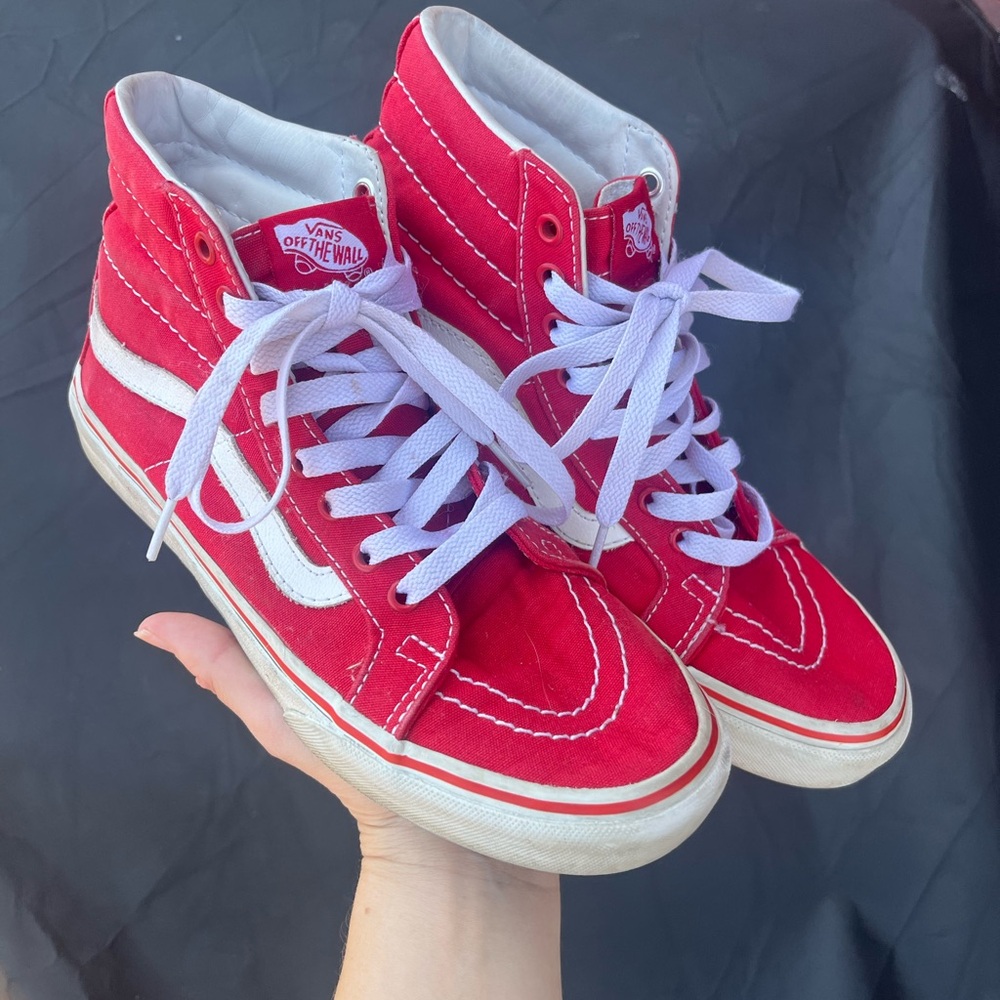Vans Red and White High-Top Skate Sneakers